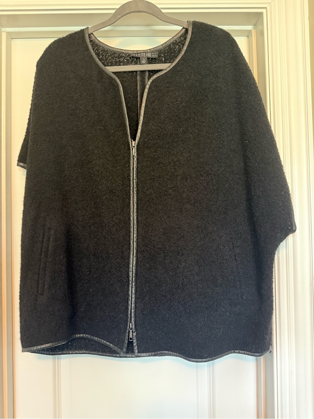 Lafayette 148 Black Zip-Front Bouclé wool Cape with sleeves and faux leather tri